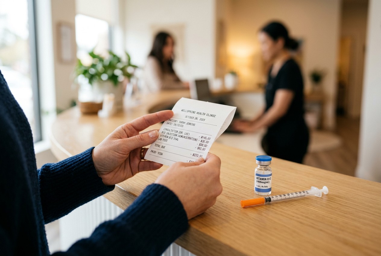 Close-up of hands holding an itemized medical clinic receipt beside a small vial and syringe on a clean reception counter, so