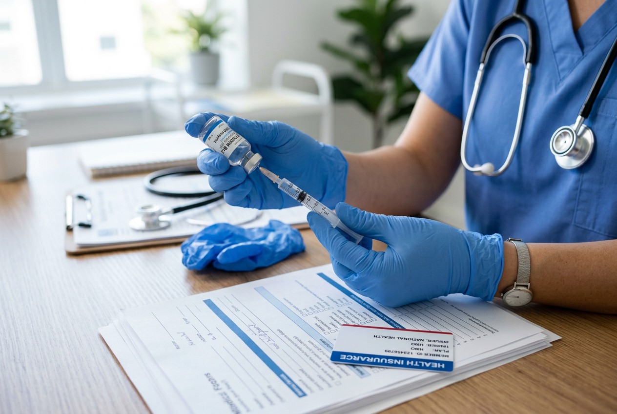 Close-up of a healthcare professional's hands holding a small vitamin B12 vial and syringe beside a health insurance card and