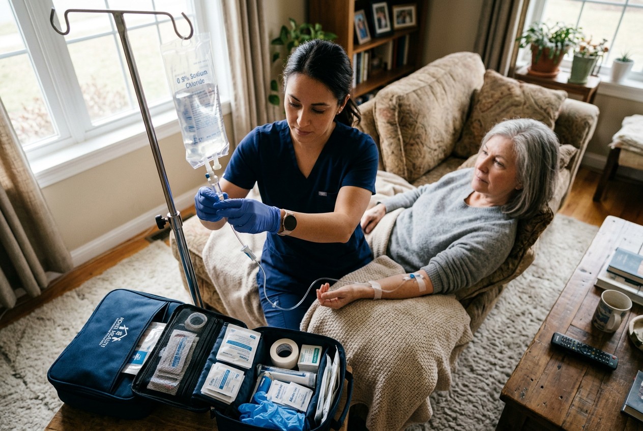Overhead-angle photograph of a nurse's hand adjusting an IV drip line beside a patient relaxing on a home sofa, medical suppl