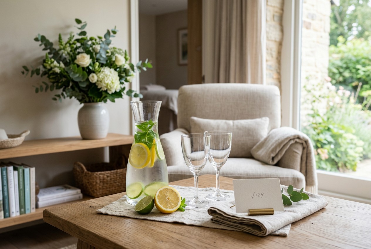 wellness lounge consultation table with a discreet hydration service setup suggesting a $129 basic package: elegant water car