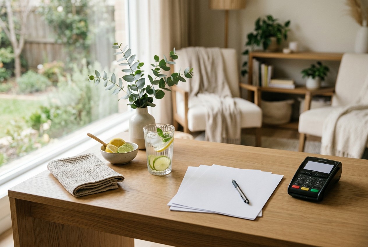 wellness-lounge consultation desk with a discreet payment card terminal, blank insurance form, clear water glass, sliced citr