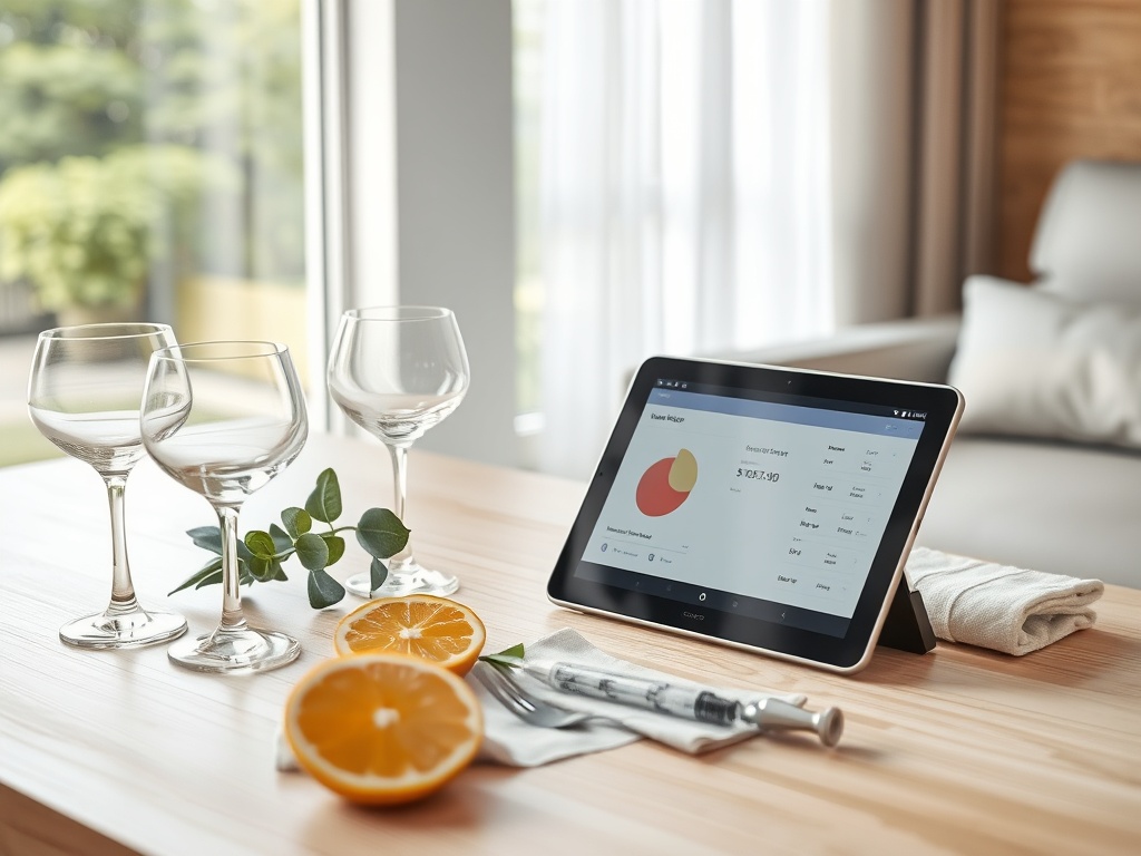 serene US wellness-lounge consultation interior with a discreet pricing discussion implied by a tablet showing abstract, unre