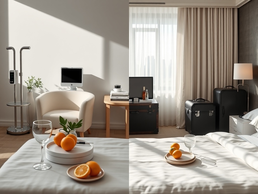 Split-scene photograph comparing a serene IV lounge consultation area with a premium mobile wellness setup in a bright hotel