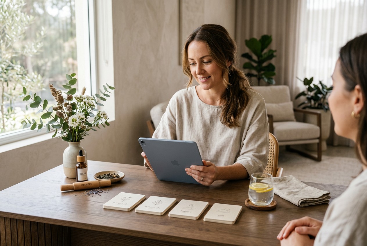 wellness-lounge consultation desk with a serene advisor reviewing an unbranded tablet beside neatly arranged dosage option ca