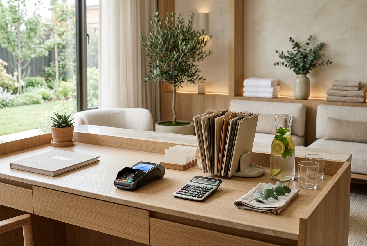 wellness-lounge consultation desk with a discreet payment terminal, calculator, blank membership cards, and neatly grouped pa
