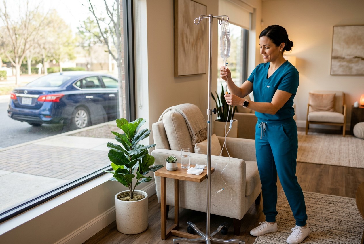 A licensed nurse in professional scrubs setting up an IV drip stand beside a comfortable armchair in a bright, modern wellnes