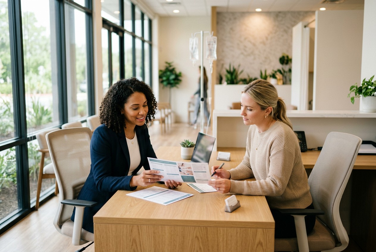 Two professional women seated at a bright wellness clinic reception desk, reviewing a printed price sheet and membership broc