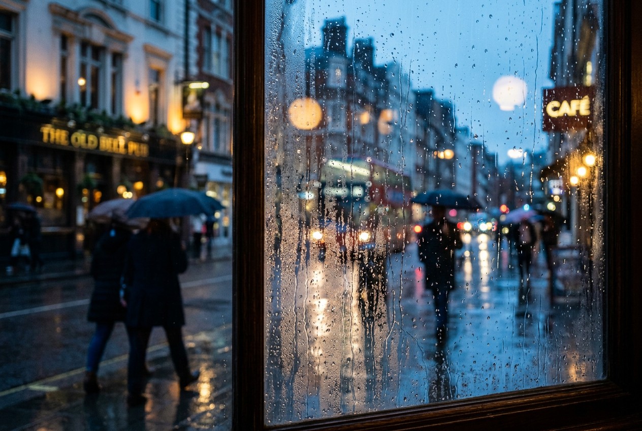 A rain-soaked city street at dusk seen through a wet café window, warm interior lights glowing against cool blue evening tone