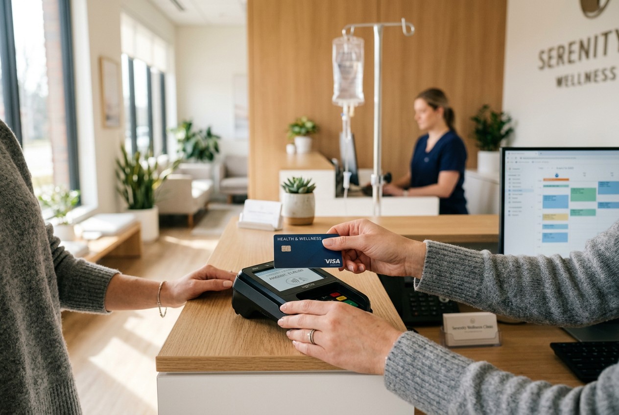 A close-up of a person's hands at a modern medical wellness clinic reception desk, holding a credit card near a payment termi
