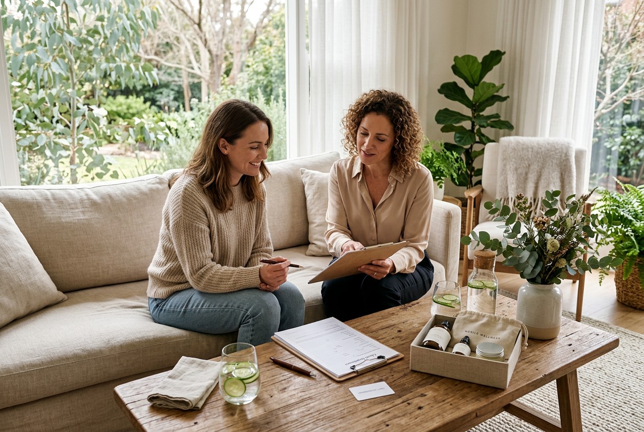 serene consultation lounge contrasting covered home infusion and mobile wellness service: care coordinator and relaxed client