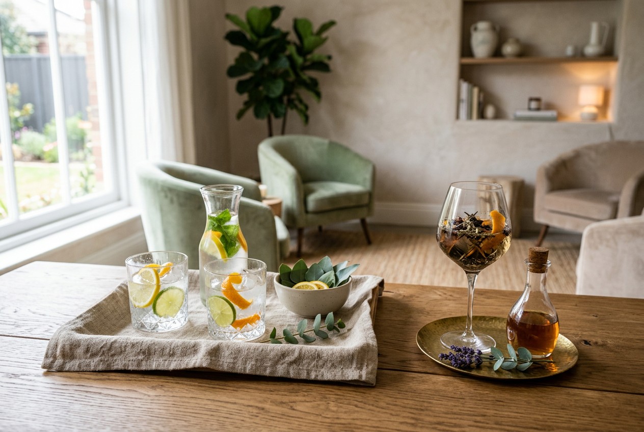 wellness-lounge consultation table with a curated standard selection of citrus-infused glassware and eucalyptus on a linen tr
