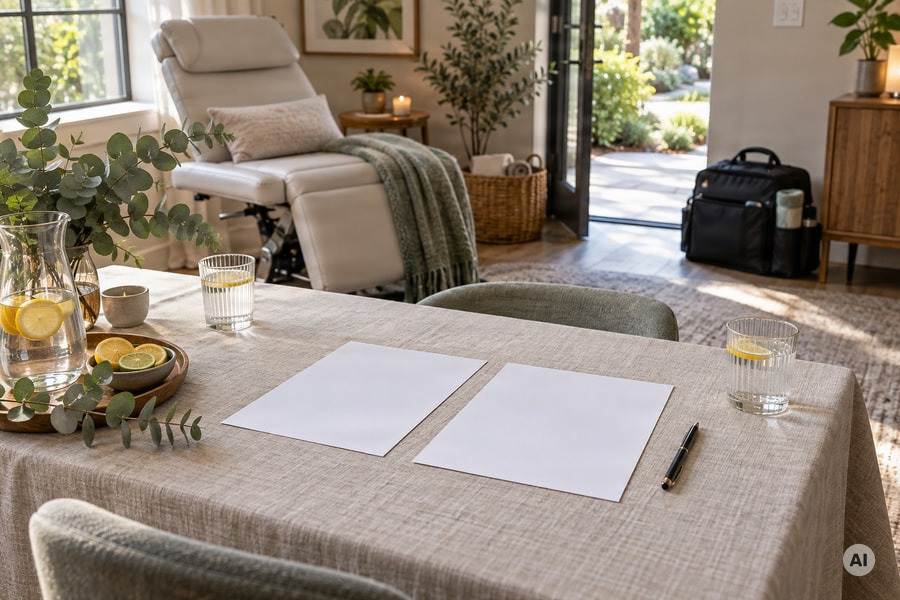 wellness consultation interior with two blank quote sheets side by side on a linen-covered table - AI-generated image