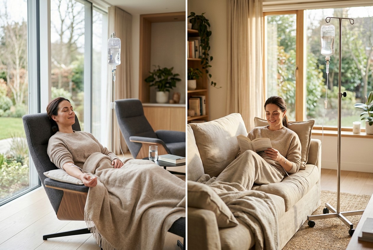 A patient reclining in a comfortable modern IV lounge chair receiving a drip, soft daylight through large windows, juxtaposed