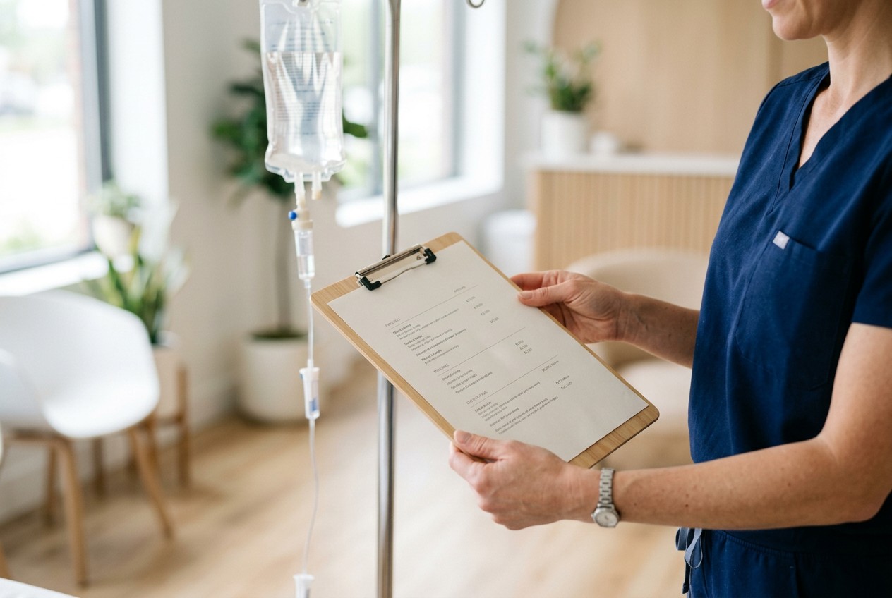 Close-up of a clinician's hands presenting a printed pricing sheet on a clipboard beside a hanging IV drip bag in a bright mo