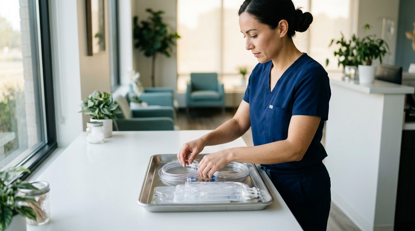 Licensed clinician organizing clear IV tubing and unopened supplies in a clean lounge