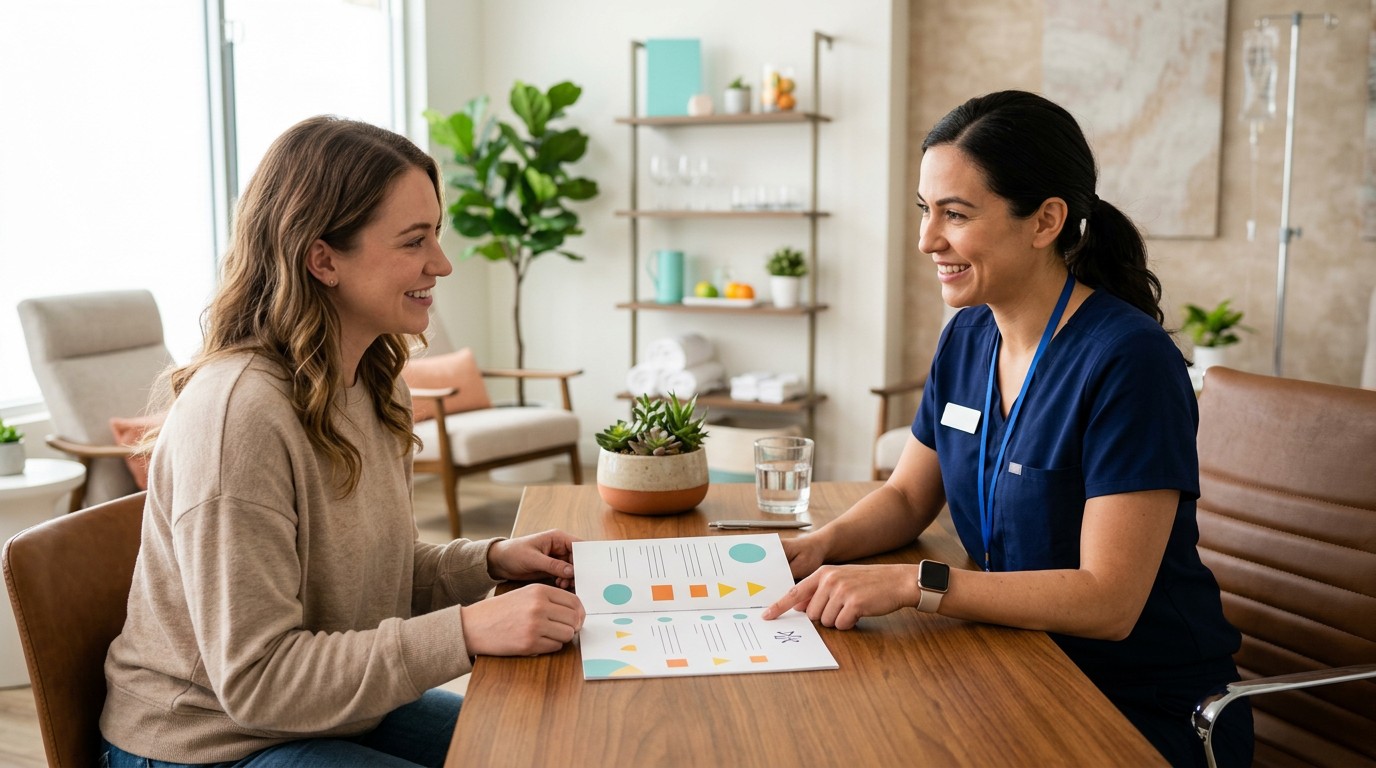 First-time client and licensed provider reviewing an itemized IV lounge menu at a consultation desk