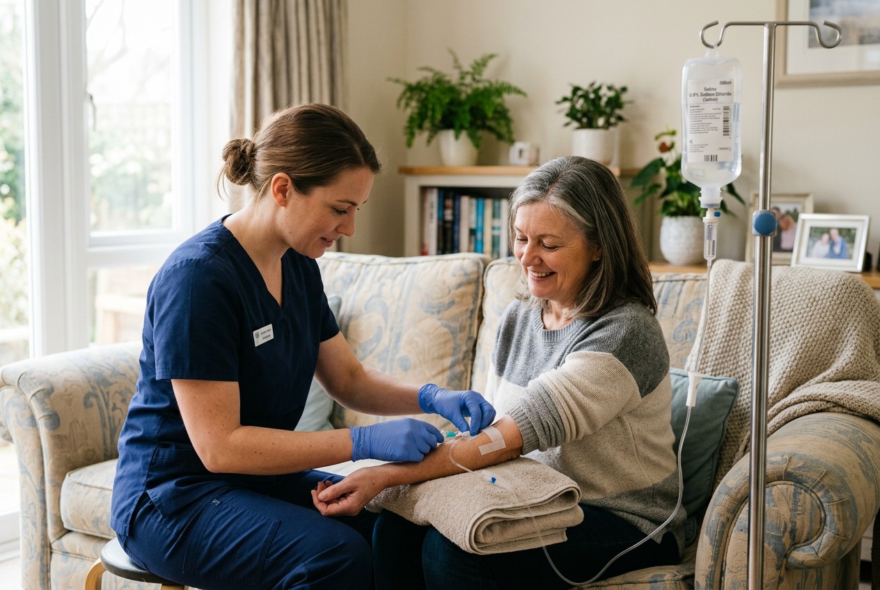 A close-up of a registered nurse in navy scrubs inserting an IV drip into a smiling woman's arm on her living room sofa, soft