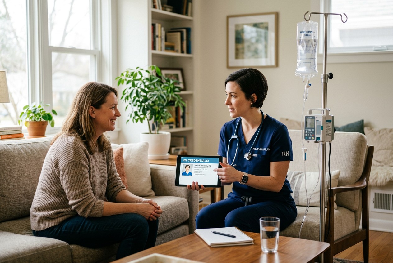 A licensed registered nurse in professional medical scrubs sits across from a smiling client in a bright, comfortable home li