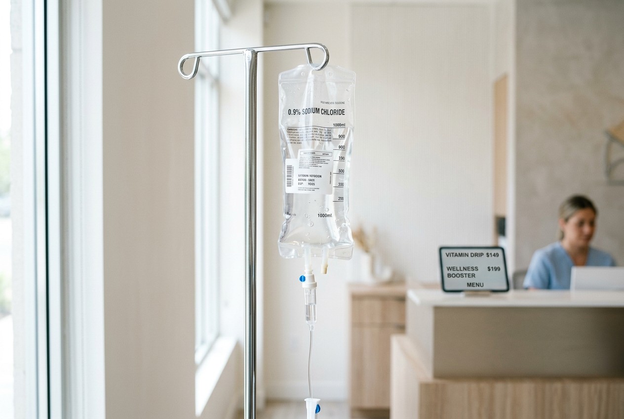 A close-up of a translucent IV drip bag hanging on a chrome stand in a bright, minimalist wellness clinic, soft daylight thro