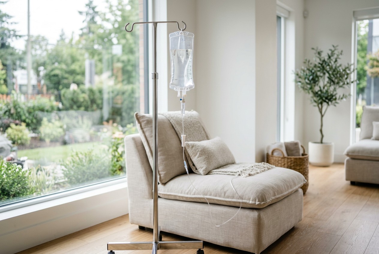 A close-up of a modern IV drip bag hanging on a chrome stand beside a plush lounge chair in a bright, minimalist wellness cli
