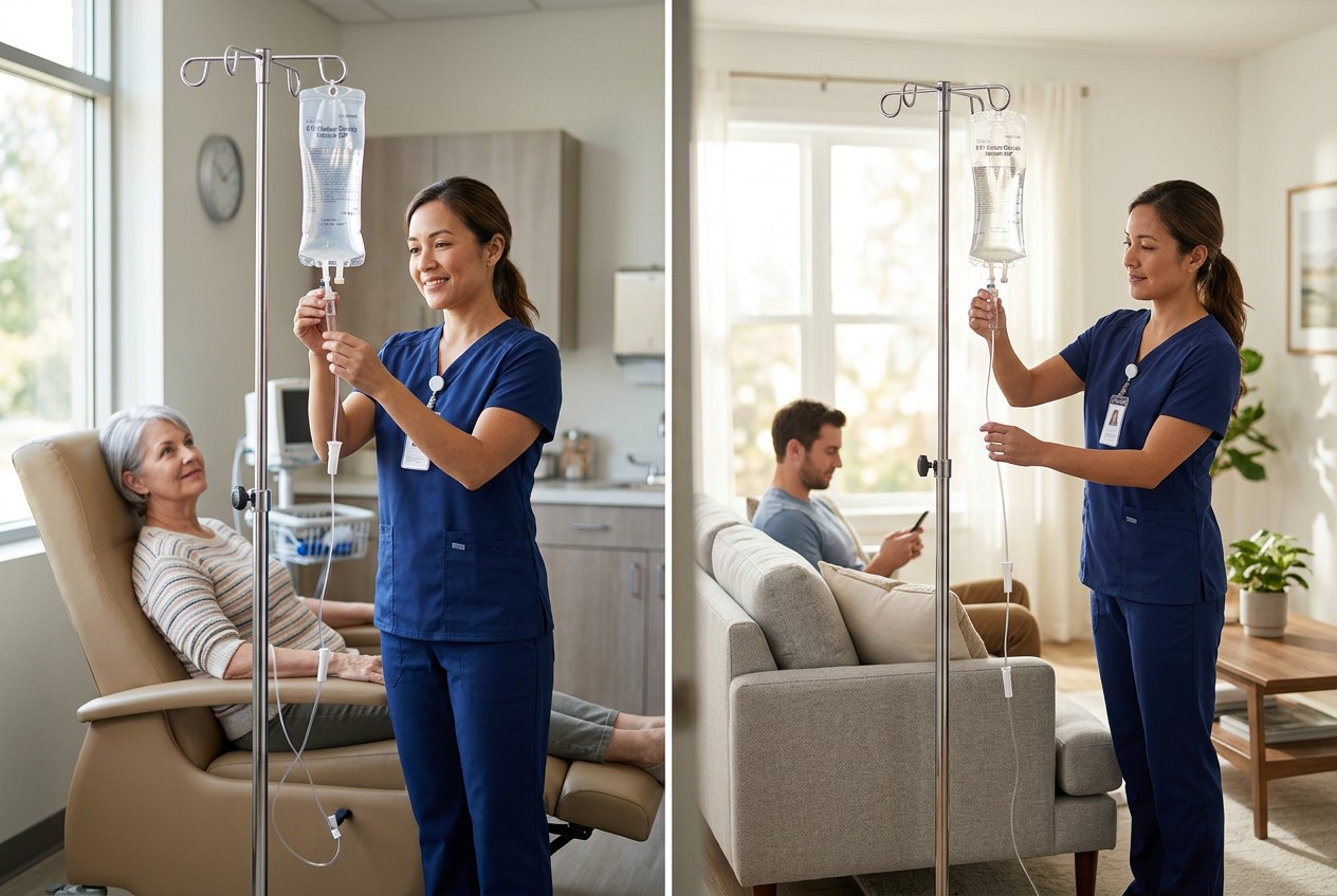 Professional photograph: a licensed nurse in clean scrubs adjusting an IV drip bag on a stand beside a comfortable clinic rec