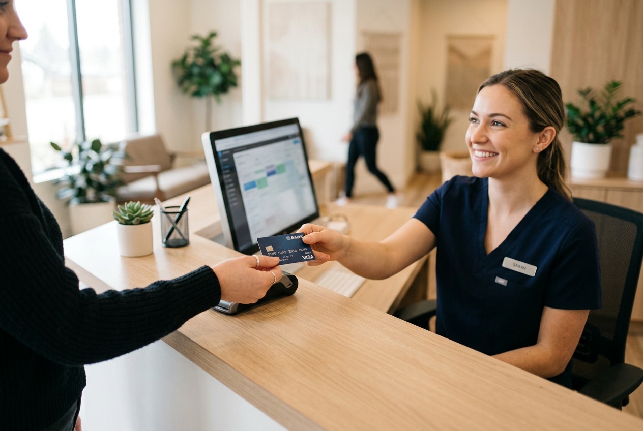 A bank card being handed across a clean reception desk to a clinic receptionist, soft natural window light, blurred modern we