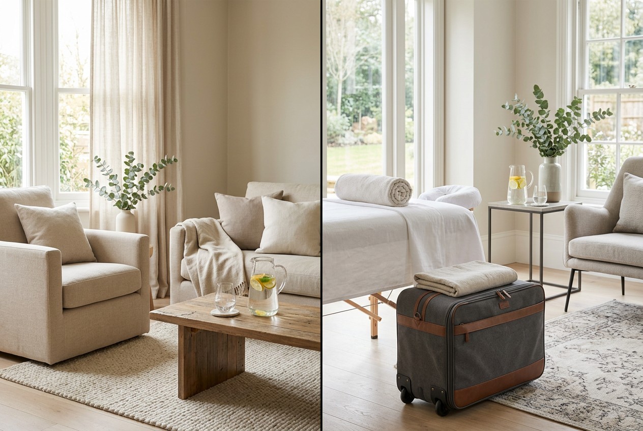 Split-scene photograph comparing a serene wellness clinic consultation lounge with a premium mobile therapy setup inside an e