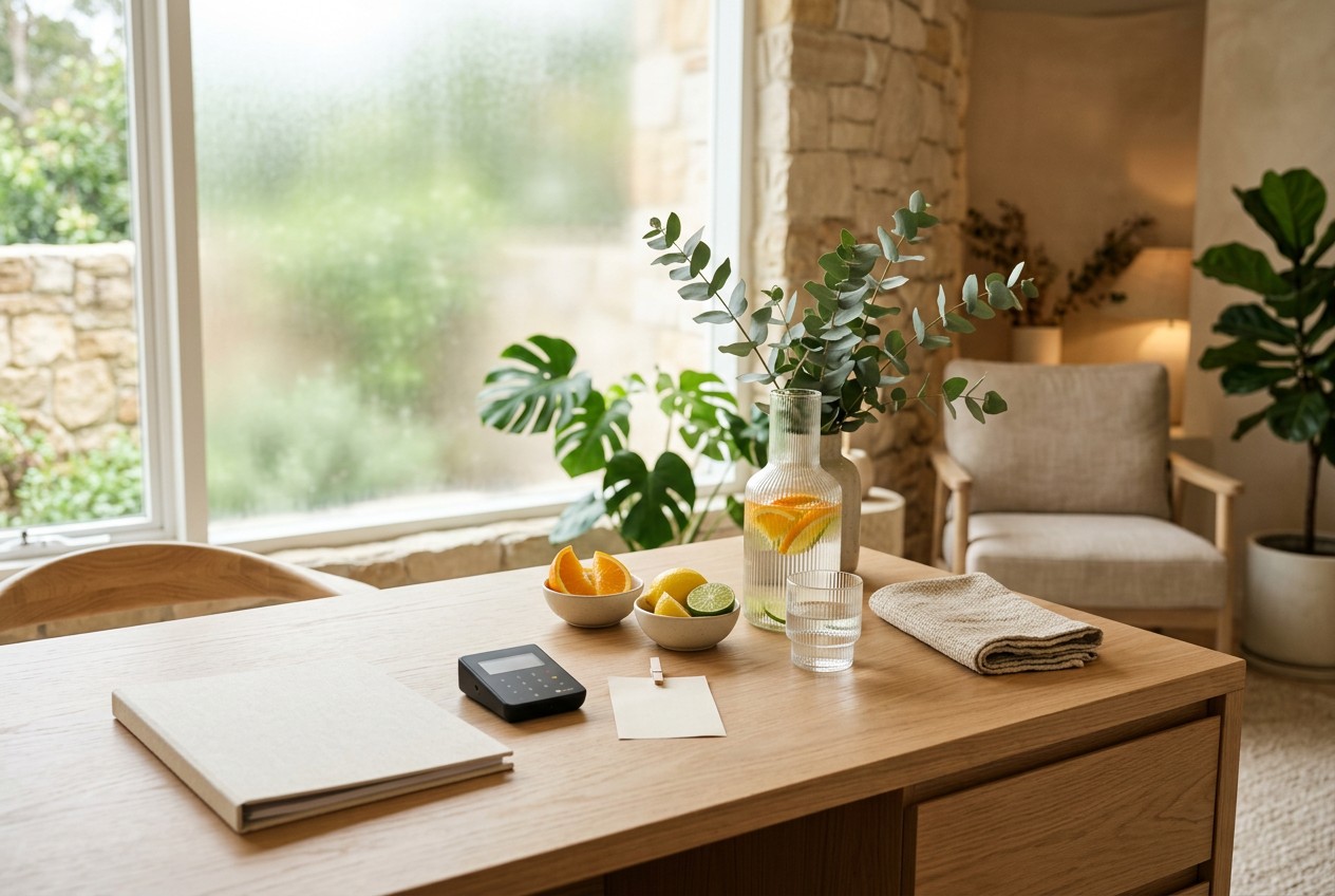 calm wellness clinic consultation desk with a discreet card terminal, closed insurance folder, and simple receipt beside eleg