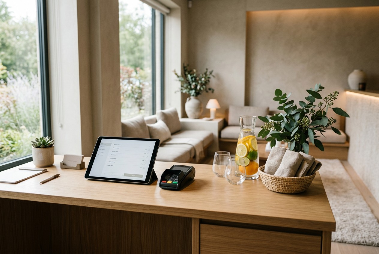 wellness-lounge checkout consultation: a serene reception desk with a discreet payment terminal, appointment tablet showing a