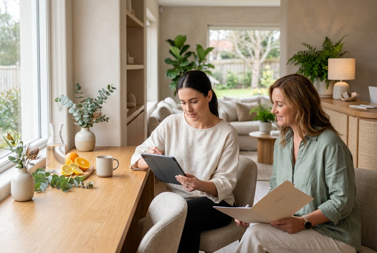 calm wellness-lounge reception, a first-time guest completing a health screening form on a tablet while a friendly provider c